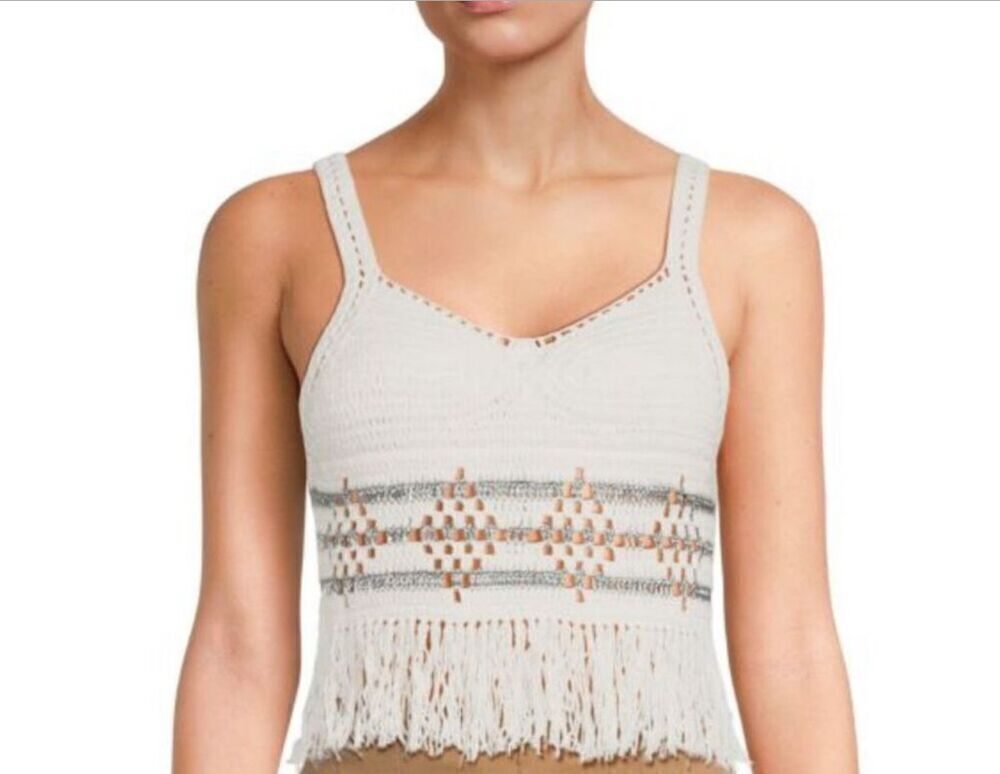 MISA Los Angeles Women's S White Crochet Fringe Cropped Tank Top